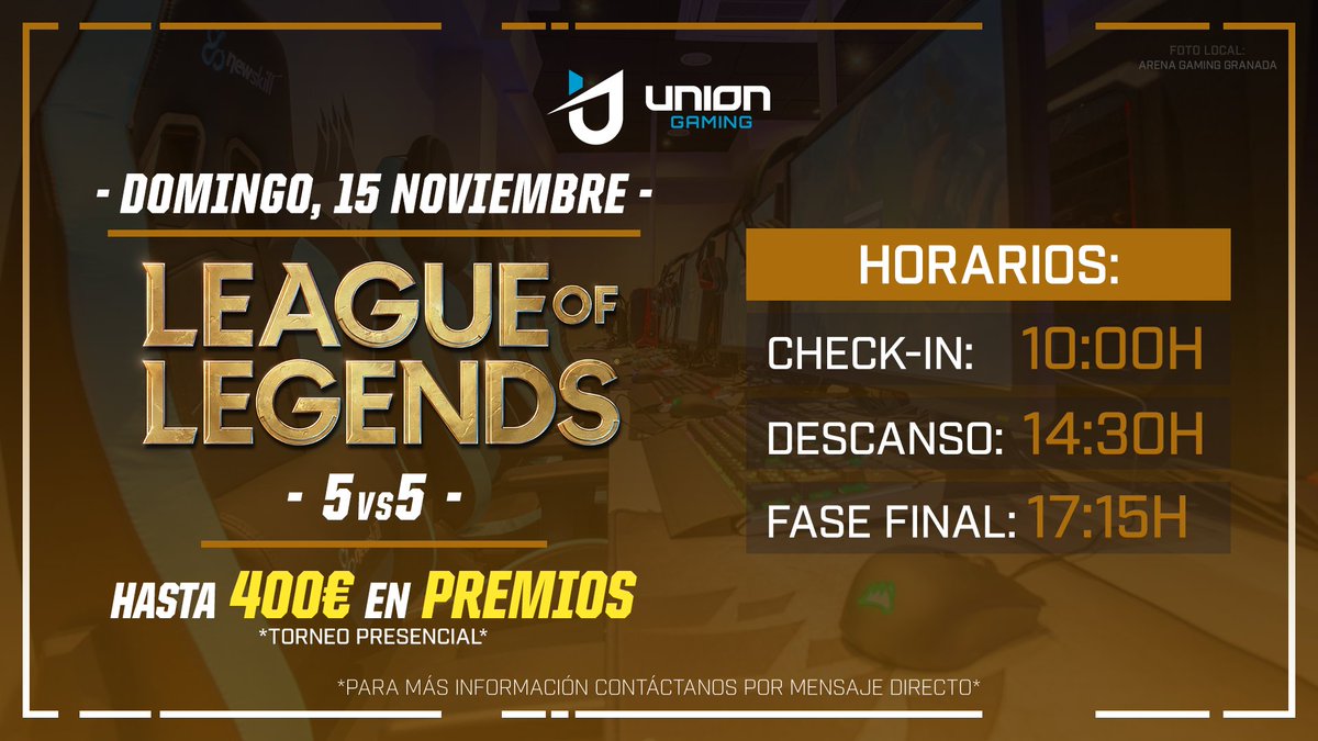 Torneo de #LeagueOfLegends 5vs5 de <a href="/UnionGamingEs/">Unión Gaming</a> 
⠀
🗓️ Domingo, 15 Noviembre
💰 ¡Hasta 400€ en premios!

👥Posibilidad de formar equipos mixtos con jugadores de otros locales registrados

ℹ️ Toda la información en discord.gg/k87Y7ff o envíanos un MD