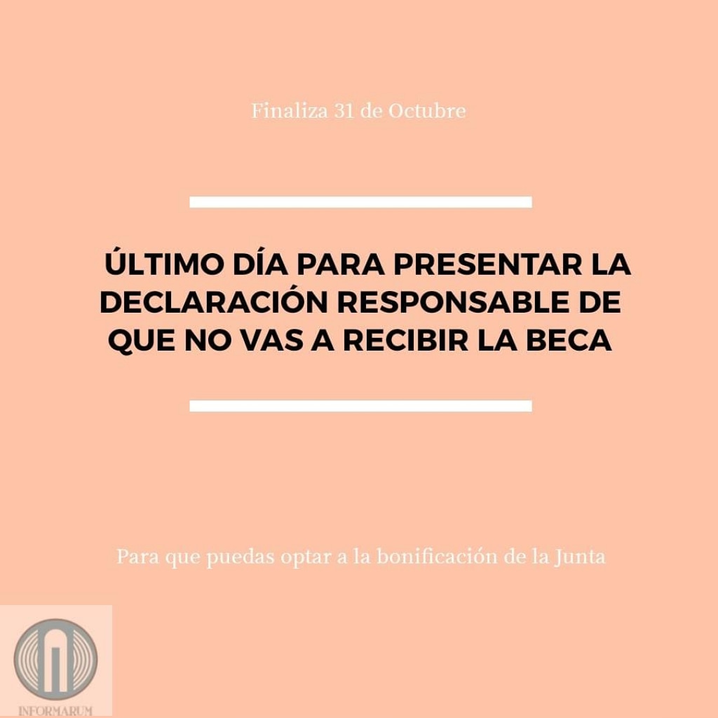 Informarum's tweet photo. 📢 Recordamos que hoy es el último día para elaborar la declaración responsable.

#Informarum #UCA #declaracionresponsable #BonificacionJuntadeAndalucia #becamefp #ministerio #covid19 https://t.co/drfnWsRiuh