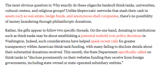 The question is: Why are these post-Soviet oligarchs funneling hundreds of millions of dollars to willing American non-profit institutes? The first answer: influencing policy, especially when it comes to American think tanks accepting donations from these kleptocrats.