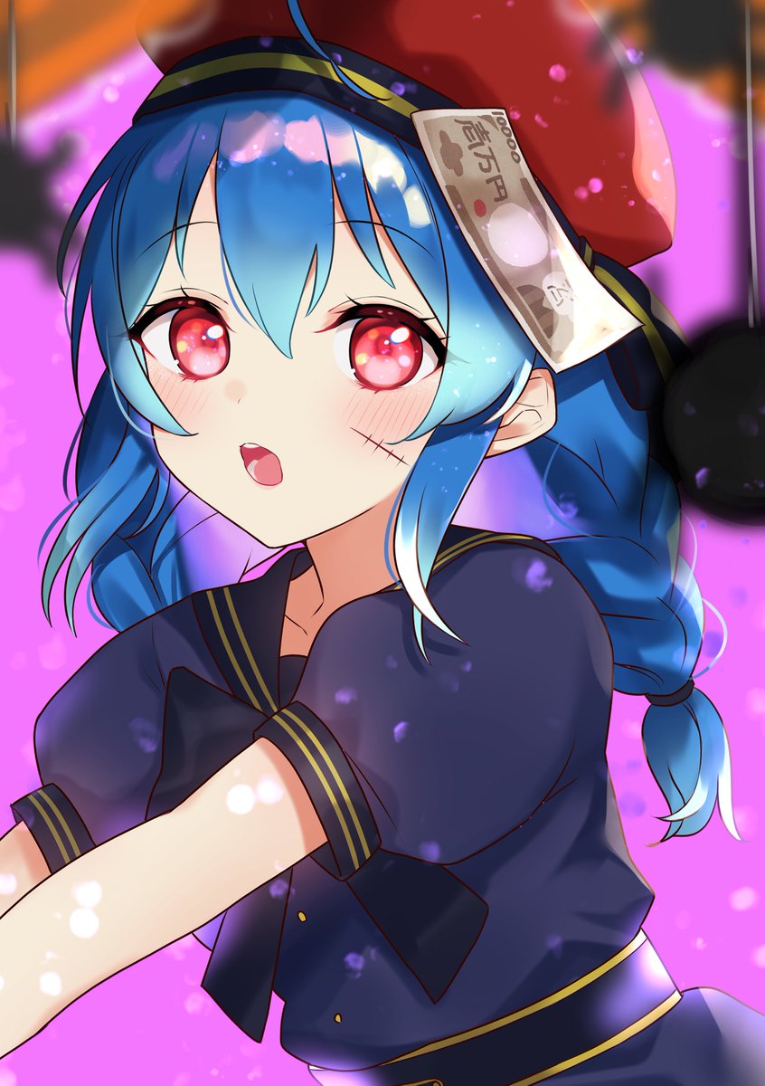 1girl solo blue hair red eyes hat braid short sleeves  illustration images