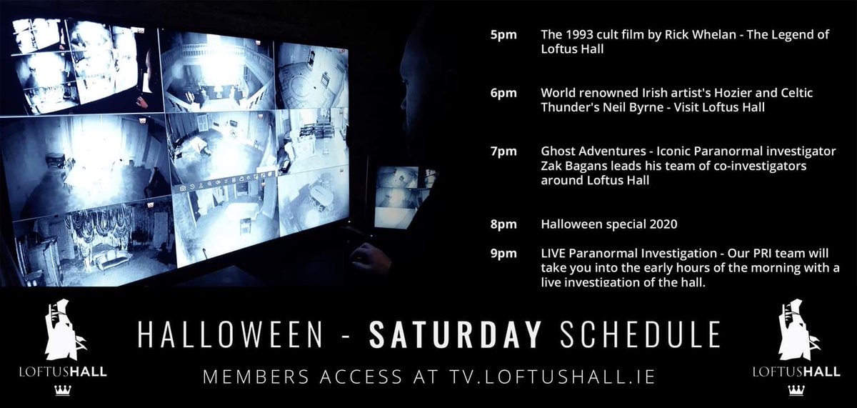 #Halloween2020 schedule at Loftus Hall you still have time. Become a member and remember, you can purchase one ticket for your entire household. If you love the paranormal and think you are brave enough join in.

Watch all the action LIVE from the house: tv.loftushall.ie