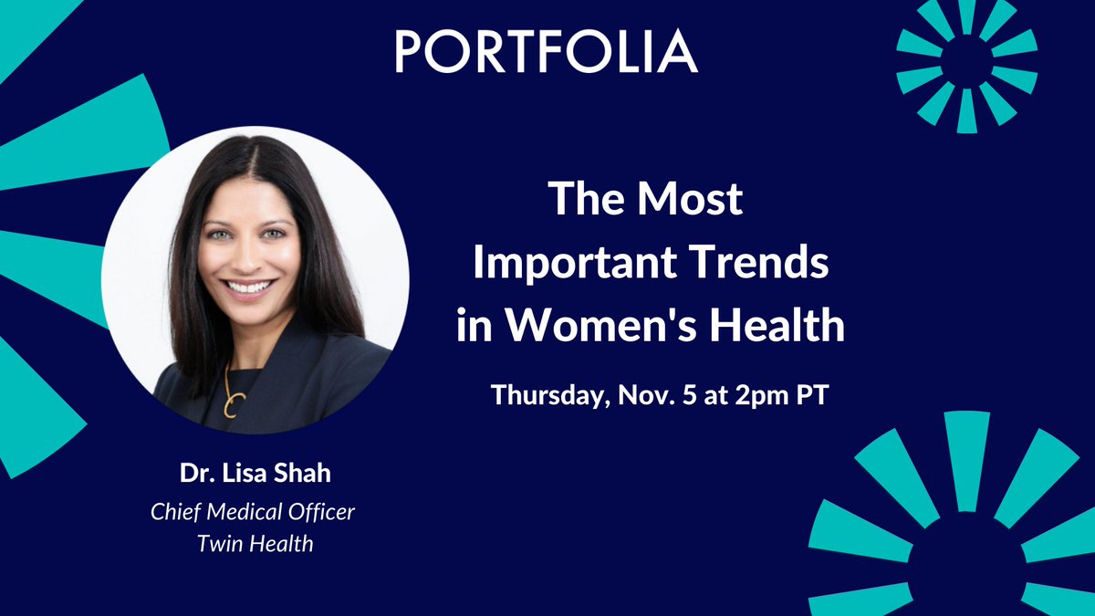 Portfolia1's tweet photo. Chief Medical Officer at medtech startup @TwinForHealth , @DrLisaShah knows how venture investing drives innovation. Thursday she joins Dr. @janevandis and @drhalasabry exploring trends in women's health and where VC dollars can make an impact. Register: https://t.co/1f1YIIfUnj https://t.co/pwu9gNCBkk