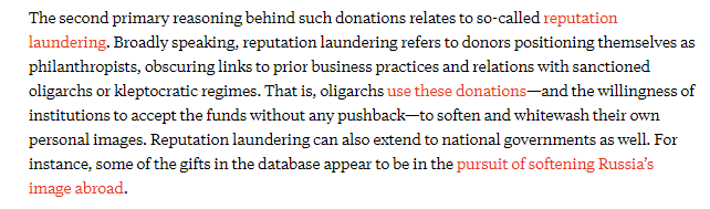 The second answer: reputation laundering, both for these oligarchs and the governments to which they're close.