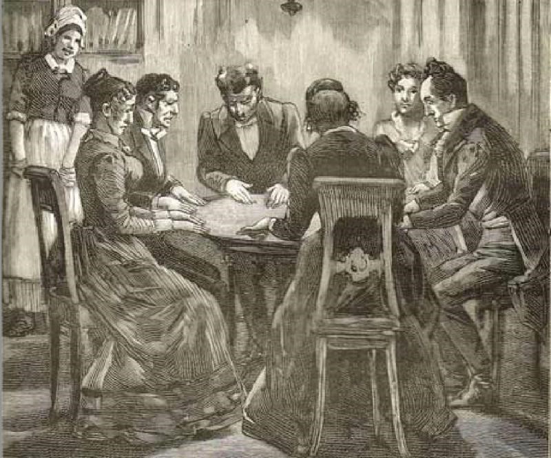 In Battleborough, Vermont, in 1872, tramp printer Thomas Power James had a trance in a boarding house seánce. "Charles Dickens" wrote a polite note to James, requesting a 15 Nov. meeting. Ghost Dickens asked James to write the ending of "Edwin Drood" through "spirit-pen" 
