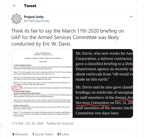 1/7) I think it's fair to say that this sort of ill-informed public speculation about UAP-related activity pertaining to Congress is irresponsible. After seeing this  @TheProjectUnity tweet, I queried Dr. Eric W. Davis,  #ufotwitter  @blackvaultcom  @alejandrotrojas  @SilvaRecord