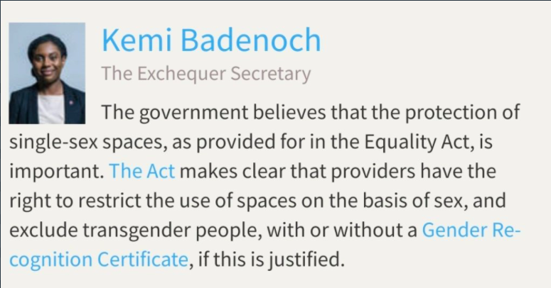 Kemi Badenoch confirms "Providers have the right to restrict the use of spaces on the basis of sex, and exclude transgender people with or without a GRC if this is justified."But what does "if this is justified" mean?  https://a-question-of-consent.net/2020/10/31/a-good-question-and-a-clear-answer/