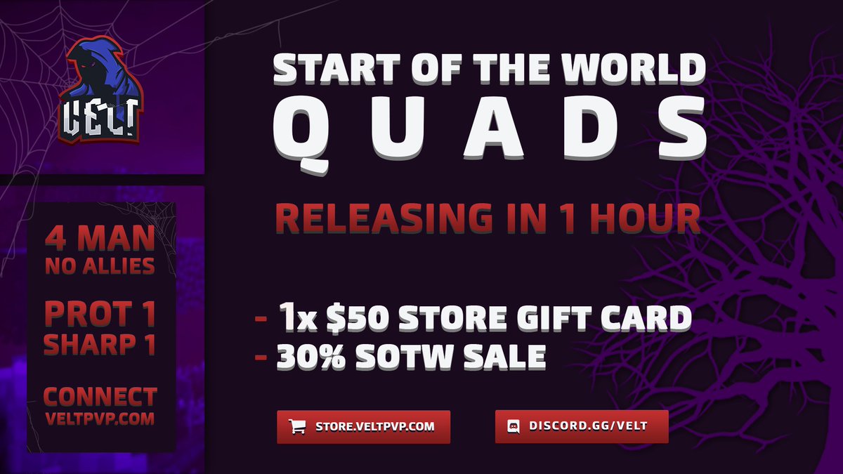VeltPvP's tweet image. VeltPvP | QuadsHCF 💥

• Quads SOTW begins in just 1 Hour!

★ New Features:
➥ New Ability Item
➥ New VIP Perks
➥ Smither
➥ And more

More Info:
📰 veltpvp.com/thread/2404/Qu…

We're giving away the following:

🎁 $50 Store Gift Card

❤️, 🔄 and follow us to enter!