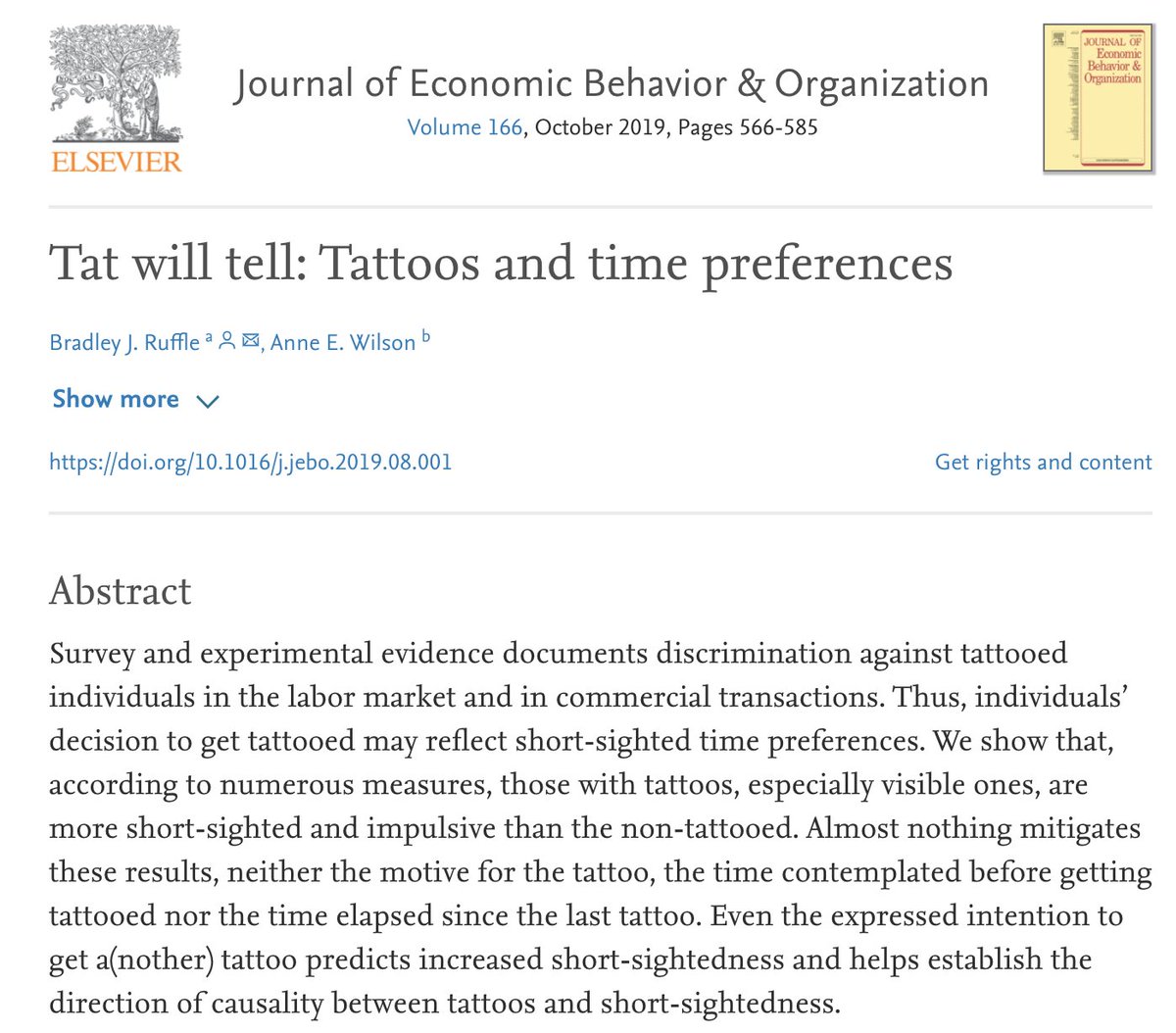 “according to numerous measures, those with tattoos, especially visible ones, are more short-sighted and impulsive than the non-tattooed...Even the expressed intention to get a tattoo predicts increased short-sightedness” sciencedirect.com/science/articl…