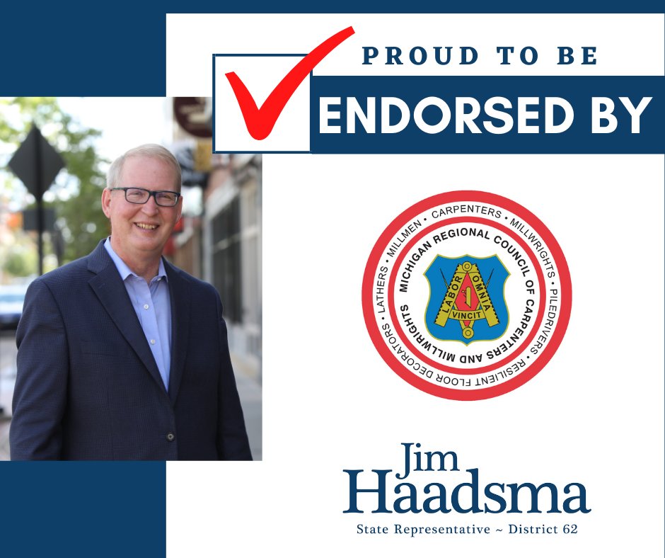 Haadsma4House's tweet photo. Team Haadsma is very grateful for the continued support of the Michigan Regional Council of Carpenters and Millwrights. Help support Jim in the final days of the election by signing up to get out the vote: https://t.co/0B0C6dMEDC https://t.co/CQYIST8iUR