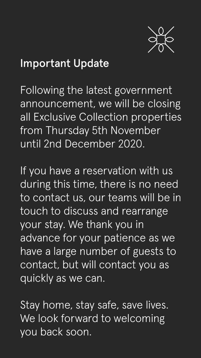 Important update!
We are closing all Exclusive Collection properties between 5th Nov - 2nd Dec due to government lockdown. If you have a reservation with us, rest assured our teams will be in touch, but please bear with us whilst working through this. #staysafe