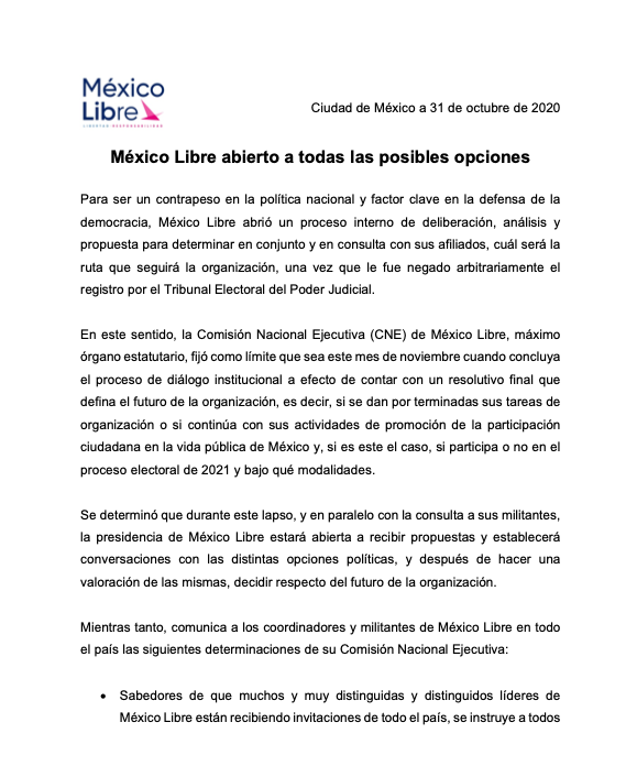 MexLibre_'s tweet photo. 🚨 Información importante 🚨 
México Libre abierto a todas las posibles opciones
#Comunicado https://t.co/3fMFVAYqYR