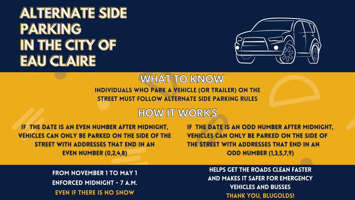 Blugolds, alternate side parking starts TOMORROW. Read through the rules below and remember to park your car accordingly. Visit <a href="/CityofECStreets/">EC Streets</a> for more info. #uwec