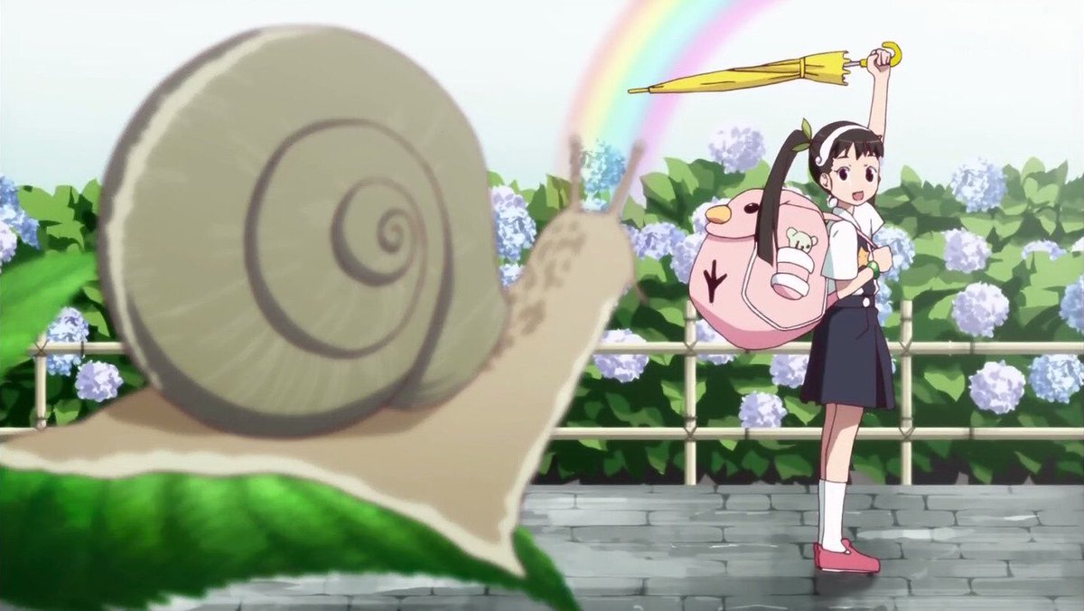 Mayoi Snail: This arc revolves around the Lost Snail Hachikuji. Araragi left his house not intending to return for a while in order to escape the responsibilities of his family since he was in an awkward position with them. Then he meets Hachikuji
