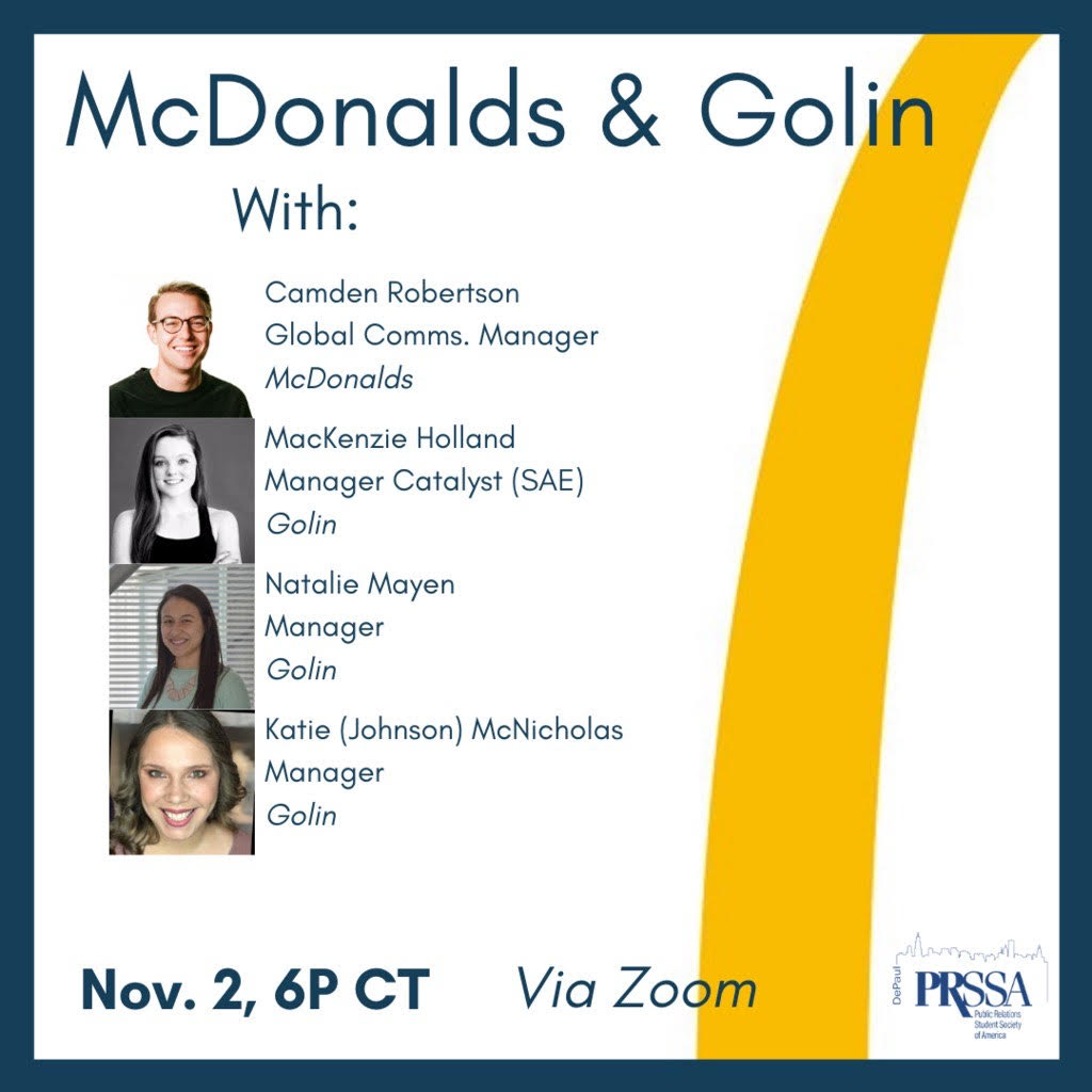 julie_stantz's tweet photo. Want to know more about PR at McDonald's? Join @DePaulPRSSA Monday at 6 pm for a behind the scenes look from both inhouse and agency perspectives. @CMNDePaul @DePaulPRAD All are welcomed! Link on website! #PRAD335 #PRAD291 #depaulpradalumni https://t.co/DC88FnhWS7