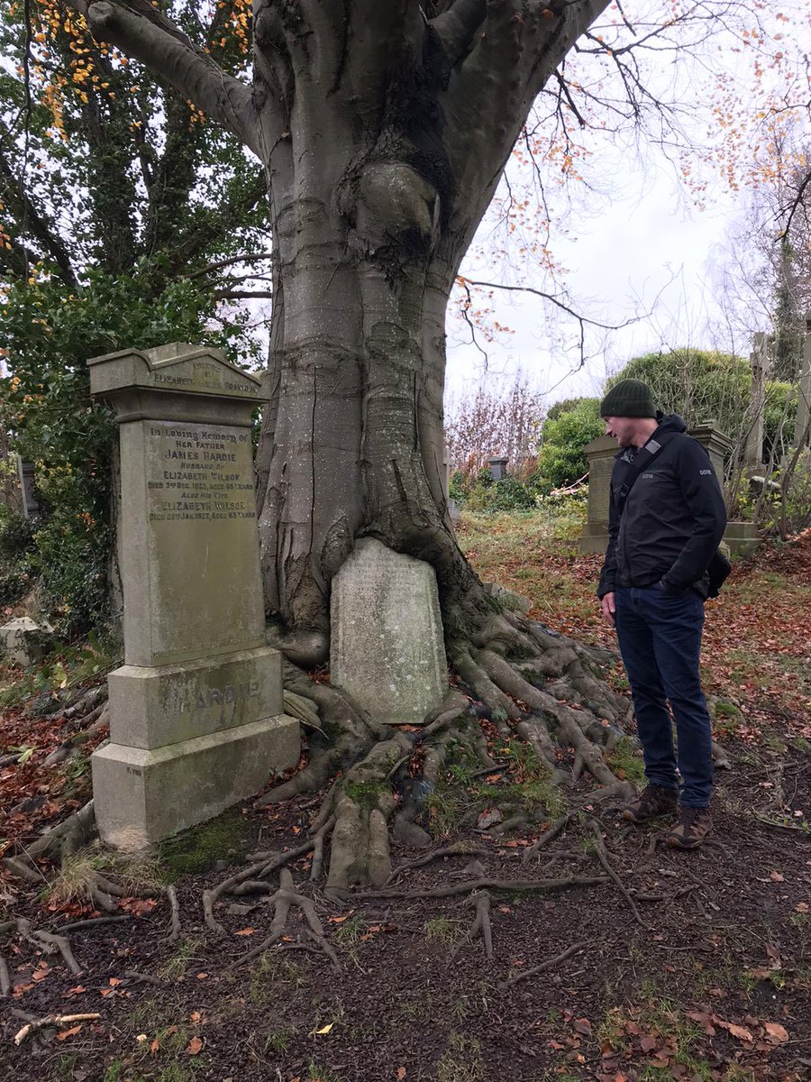 chemikal_monkey's tweet photo. Halloween walk in Cathcart Cemetery. The tree is consuming the gravestone. Perfect day to start reading ‘A Tomb With a View’ by @PeterAlanRoss https://t.co/34CFCBcIeK