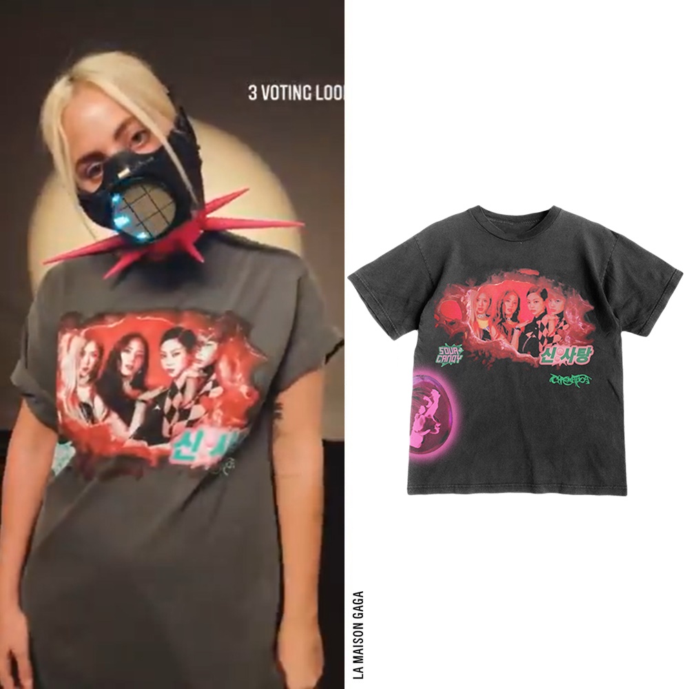 LaMaisonGaga_'s tweet image. #LadyGaga serves us 3 voting looks! The first one comprises her @YGOfficialBlink &apos;Sour Candy&apos; tee, custom @BITCHFIST_NYC spike choker and her custom sine wave mask by @DiegoMontoya3D x #ChelleCreations x @ISLYNYC x #SmoothTechnology.