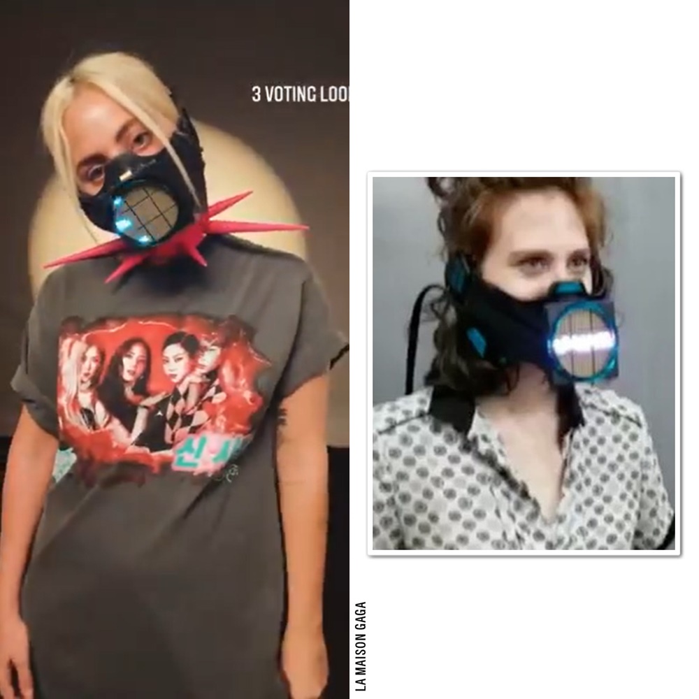 LaMaisonGaga_'s tweet image. #LadyGaga serves us 3 voting looks! The first one comprises her @YGOfficialBlink &apos;Sour Candy&apos; tee, custom @BITCHFIST_NYC spike choker and her custom sine wave mask by @DiegoMontoya3D x #ChelleCreations x @ISLYNYC x #SmoothTechnology.