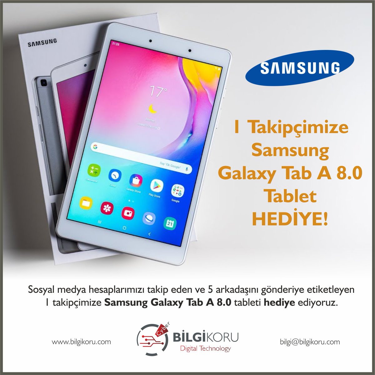 bilgikorutec's tweet photo. 31.12.2020 tarihine kadar sosyal medya hesaplarımızı takip eden ve 5 arkadaşını gönderiye ekleyen 1 takipçimize Samsung Galaxy Tab A 8.0 tablep hediye ediyoruz. #bilgikoru #takipedenitakipederim #takipet #takipkazan #takipetkazan #cekilis #cekilisvar #takipetkinliği #hediye https://t.co/z5xV7VKw9V