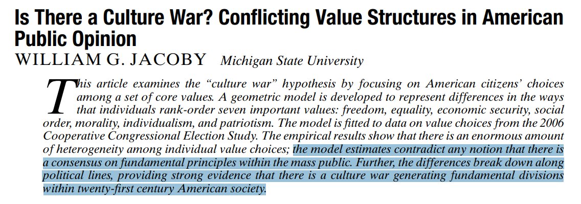 "Ah," say other scholars. "That's the wrong place to look. Look at values and affect, not policy preferences."Once you look at these more fundamental things, you find that actually there's very little agreement among Americans, specifically across the D-R partisan divide