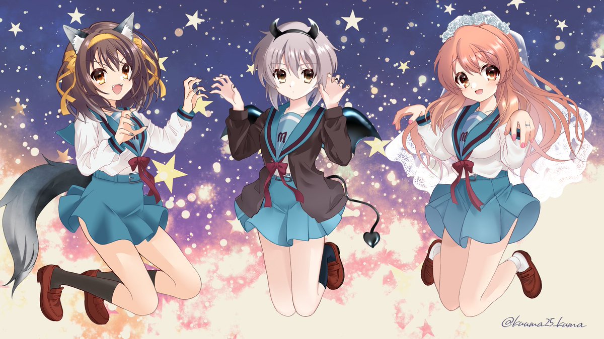 asahina mikuru ,nagato yuki ,suzumiya haruhi kita high school uniform multiple girls red ribbon 3girls tail blue skirt school uniform  illustration images