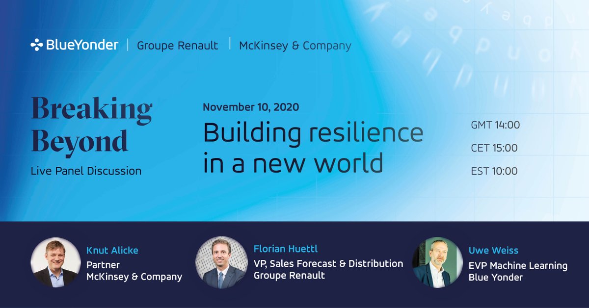 by_alexandrap's tweet photo. Don't miss #BreakingBeyond - our fireside chat with @BlueYonder customer @Groupe_Renault and @McKinsey on November 10! They have developed an integrated business planning process, enabling them to embrace unprecedented uncertainty. https://t.co/aWXRWtC23n