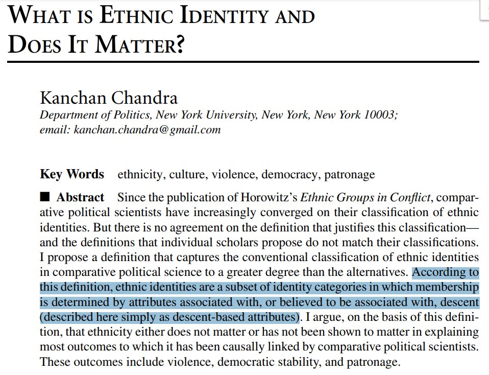 That's true. Ethnic identities are different from partisan identities. Partisan identities are whether you identify with a particular political party, whereas ethnic identities are generally defined with respect to descent-based attributes