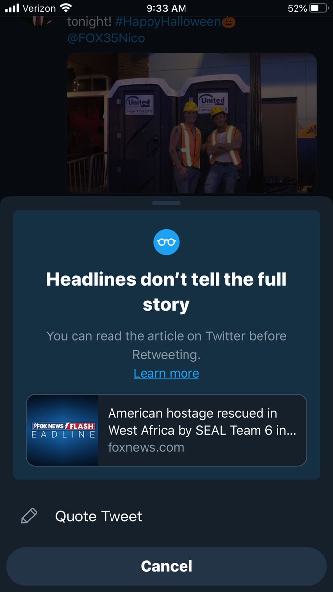 KariLake's tweet photo. Twitter you are sick and dangerous! 
This “warning” appeared when  a friend tried to retweet a legitimate @FoxNews story I posted about the Navy rescuing an American hostage. 
@jack’s modus operandi is to censor, cancel, delete, lock-out and ultimately CONTROL. #TwitterCensorship https://t.co/5qK5R43ezi