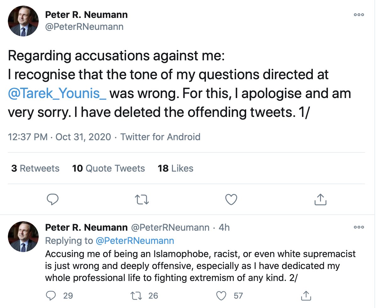 [thread] This is a full response to Peter Neumann’s “sorry for the tone BUT apology.” I’ll post it on my website for posterity but share the entire response below. Here is the thread that drove him to write his “apology” in the first place:  https://twitter.com/Tarek_Younis_/status/1322467138112815105 /1