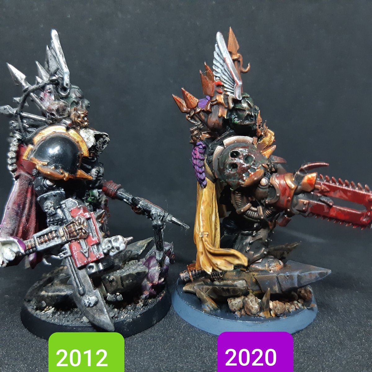 Z1nzol1n's tweet photo. In 2012 I painted the left one before 8 years  hiatus. The right one was done this year, 2 months after getting back.

#warhammer #warmongers #PaintingWarhammer #painting #chaos #chaosterminators #fallen #darkangels #osl #40k #w40k #tabletop #gamesworkshop #citadel #minis https://t.co/r4ogojcLg2