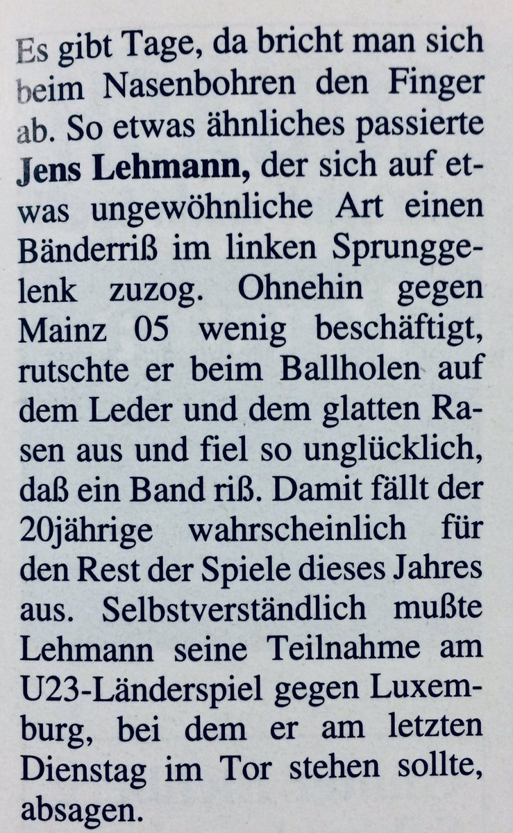31.10.1990 - Es gibt Tage, da bricht man sich beim Nasenbohren den Finger ab.
Jens Lehmann kommt vermutlich dieses Jahr nicht mehr zum Einsatz.
#schalkevor30 #S04 https://t.co/Ar8k3Jc49b
