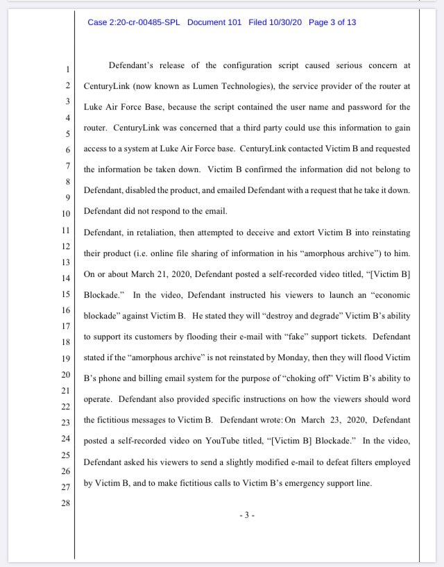 SCPatriotSC's tweet image. As Austin Steinbart&apos;s case gets closer to trial date (Nov 16) new documents are filed. One of the latest introduces inextricably intertwined evidence; i.e. Century Link&apos;s concern over Austin disclosing the router configuration for Luke AFB, potentially allowing access to...