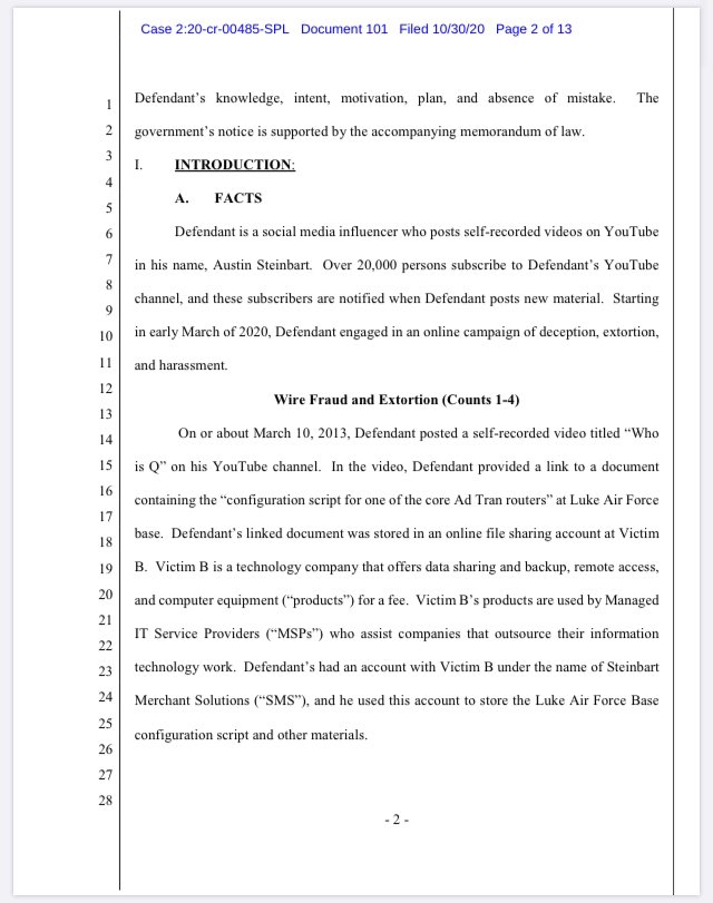 SCPatriotSC's tweet image. As Austin Steinbart&apos;s case gets closer to trial date (Nov 16) new documents are filed. One of the latest introduces inextricably intertwined evidence; i.e. Century Link&apos;s concern over Austin disclosing the router configuration for Luke AFB, potentially allowing access to...