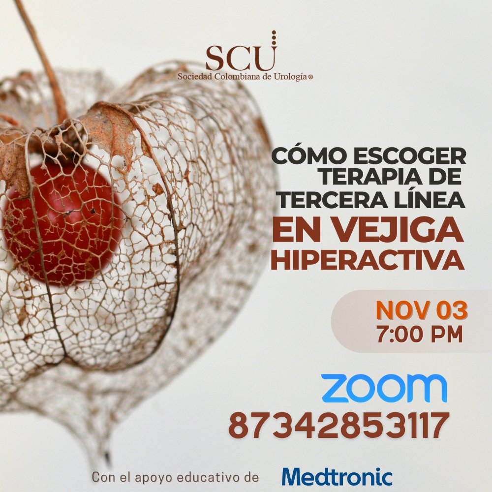 SCUColombia's tweet photo. Lectura recomendada @EUplatinum https://t.co/uYxT6AicQt
Cómo escoger la terapia de tercera línea en vejiga hiperactiva
Martes 03 de noviembre 19:00 hrs. Col.
#Bladder #UroSoMe #SCU20 https://t.co/tOV2crojTv