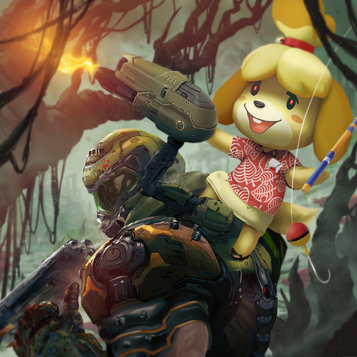 rubendevela's tweet photo. Eternal buds, wishing a Happy Halloween! You should see their Meathook + Fishing Rod combo!  #DOOM #animalcrossingisabelle https://t.co/DjbiHJph4G