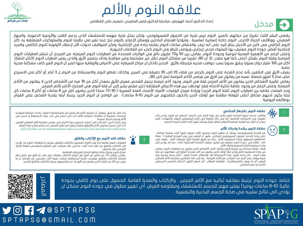 #قراءات_في_علم_الألم📑
علاقه النوم بالألم 
<a href="/aalhowimel/">Ahmed Alhowimel PhD. | د.احمد الهويمل</a> <a href="/farispt/">د.فارس العضيبي | Faris Alodaibi</a>
 
#SPTAPG
#تغريدات_مجموعة_علم_الألم