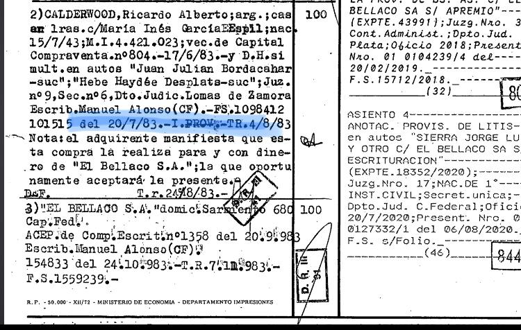 9. Gracias a una gestión ante el Registro de la Propiedad conseguimos una copia del Dominio Inmueble de Guernica. Entonces supimos que El Bellaco SA adquirió esa parcela el 20 de julio de 1983, escriturando el 24 de octubre del mismo año.