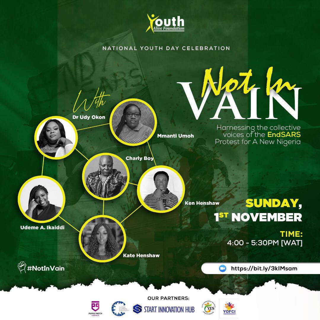 TheYAFafrica's tweet photo. #NotInVain

Meet your panelists!

We are set for tomorrow! 
Fasten your belts as we take you on a thought provoking discuss on the demand for good governance in Nigeria whilst we honor the deaths of young Nigerian who lent their voices in the #EndSars protests! https://t.co/9PEODKWIvu