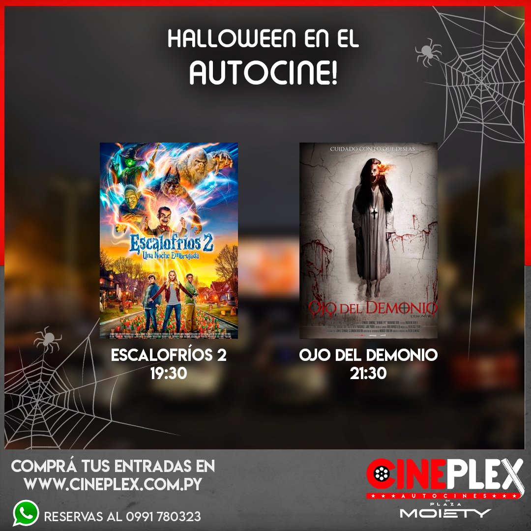 CineplexAuto's tweet photo. Hoy tenemos terror especial para niños y terror solo para grandes!!! Vengan a festejar #Halloween en #CineplexAutocines! 🚘🎬🎃
Compra de entradas en https://t.co/eUqn3aMDP5
Reserva vía WhatsApp al 0991 780323.
50% de descuento en entradas con tarjetas Itaú en boletería! ⚠ https://t.co/A7Fh2IYFHK