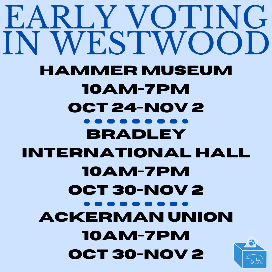 Early voting is NOW! Vote early in Westwood until 7pm on Nov 2! ALL EARLY VOTE CENTERS HAVE SAME DAY REGISTRATION! #bruinsvote
