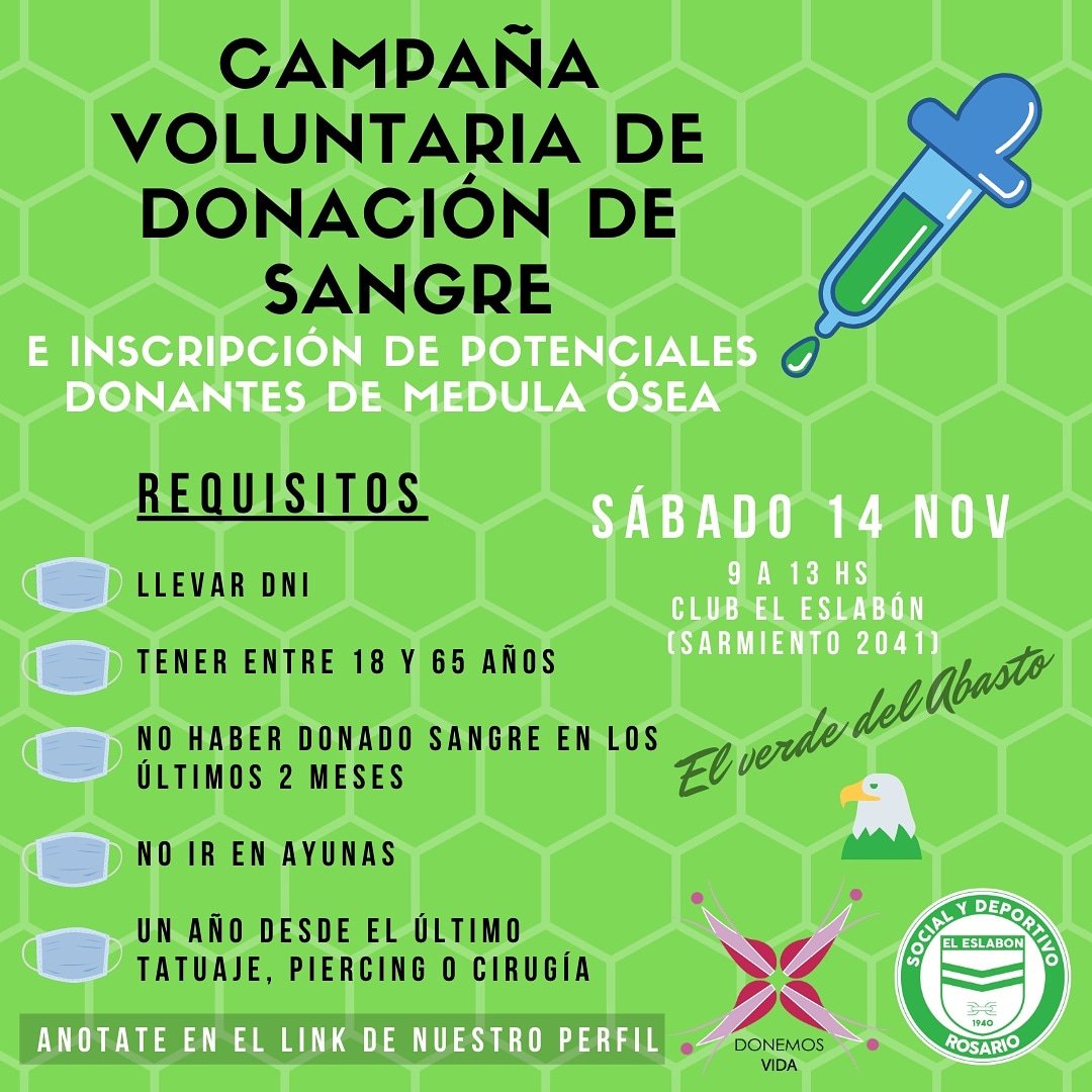 nicoranciari's tweet photo. ESTA CAMPAÑA VOLVEREMOS A ESTAR CONTIGO
Sumate a la campaña de donación de sangre e inscripción de potenciales donantes de medula ósea que realizaremos junto con @donemos_vida 💚⁣
➡️Preinscripción en el siguiente link: ⁣⁣https://t.co/OuuOelHBQa https://t.co/4qy48OyrYW