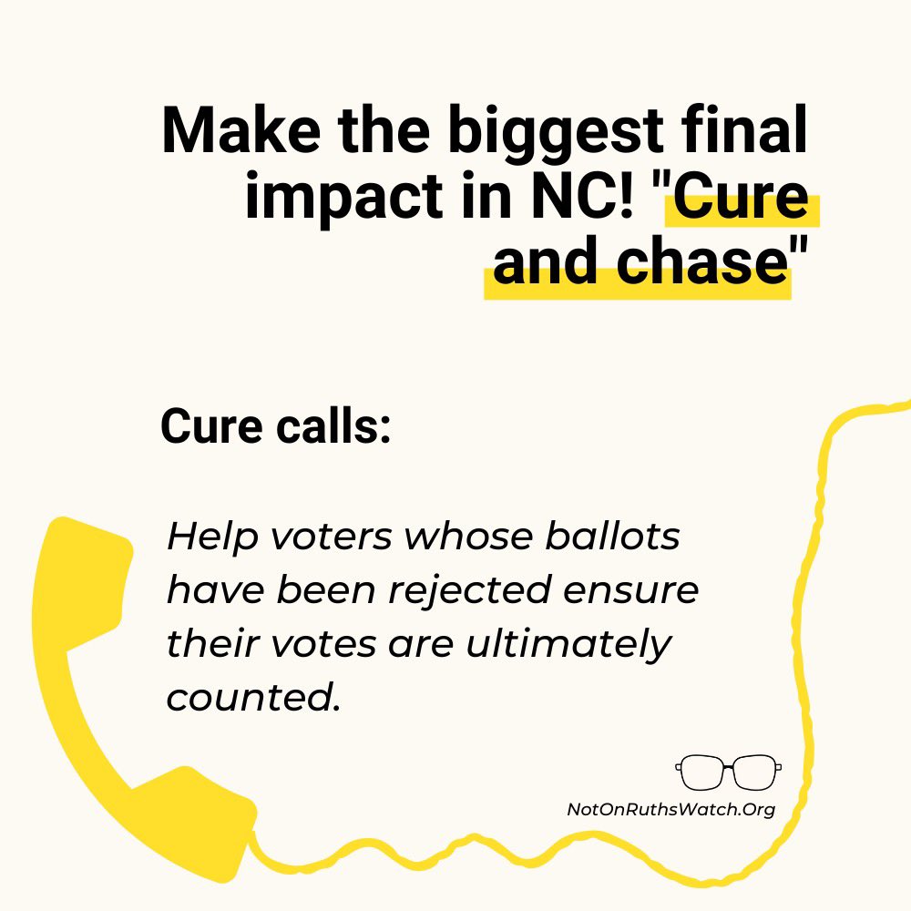 NotOnRuthsWatch's tweet photo. Fight voter suppression in NC! "Chase and cure" calls help voters who are ready, willing, and able to vote make sure their voices are heard on or before Election Day! 
https://t.co/DDRGYo07LA https://t.co/2VK8LI3rA7