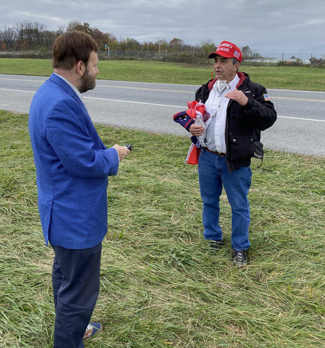 This gentleman says his son was in the military.He got teary-eyed when explaining why he supports Trump: “He looks out for the troops.”  #TrumpRally