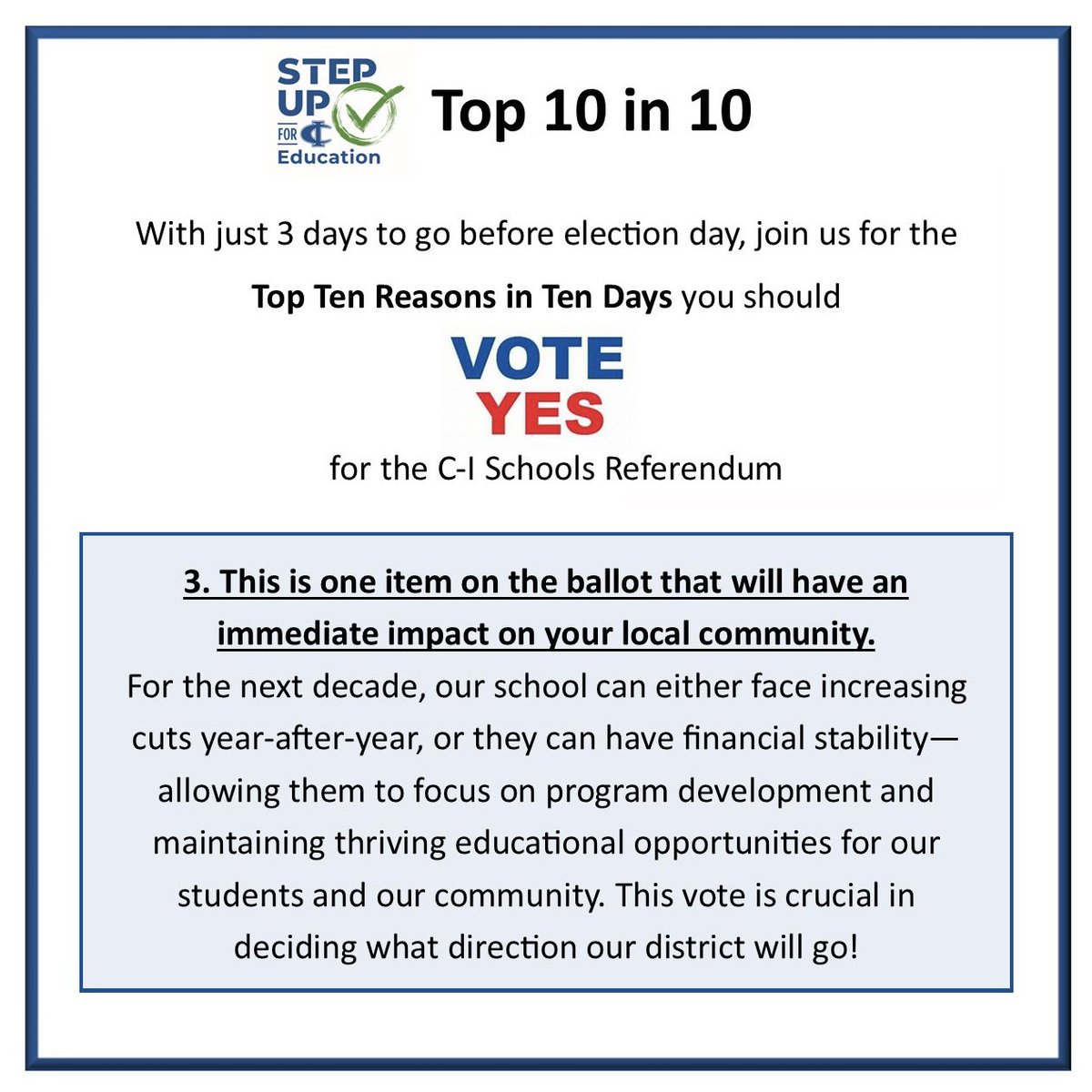 With 3 days to go till Election Day, here is our #3 reason you should VOTE yes for the referendum on or before 11/3. If you want your vote to REALLY on Election Day, this referendum MATTERS! Have you voted yet??? Go to StepUpC-I.com/information to learn more about how to vote!