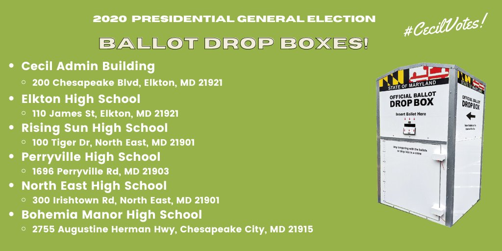 Cecil_Elections's tweet photo. Drop boxes are available 24/7 until 8pm on #ElectionDay.

In the Primary we picked up more than 3400 ballots from drop boxes, so far we've more than doubled that number with over 7,000!

Get more info about our drop boxes and directions here: https://t.co/kHfnj8GAHo

#ElectionDay https://t.co/dy5yxgcf7n