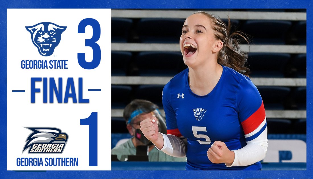 GSU_Vball's tweet photo. PANTHERS WIN! PANTHERS WIN! 

Four Panthers record double-digit kills as Georgia State defeats Georgia Southern on the road! 

#StateNotSouthern | #OurCity | #GSUnited https://t.co/FKiDYGsgmx