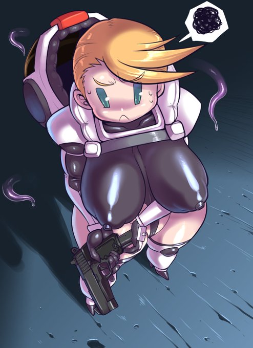 慣れない旧式の火薬拳銃を扱うスペレンさん
従来の光線銃と比べると重い・デカい・装弾数少ない・反動強い・精度が低いといいとこなしだが
物理攻撃手段としてレンジャー部隊にも少数配備されている
これは宇宙人の種類により光線武器は完全無効化されやすい一方物理防御は頭打ちになりがちな為である 