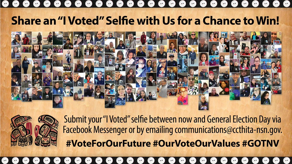 Send us your “I Voted” selfie and get entered into a random drawing for some great door prizes! Submit an 'I Voted' selfie between now and Election Day (November 3, 2020) via Facebook Messenger or by emailing communications@ccthita-nsn.gov. #VoteForOurFuture #OurVoteOurValues