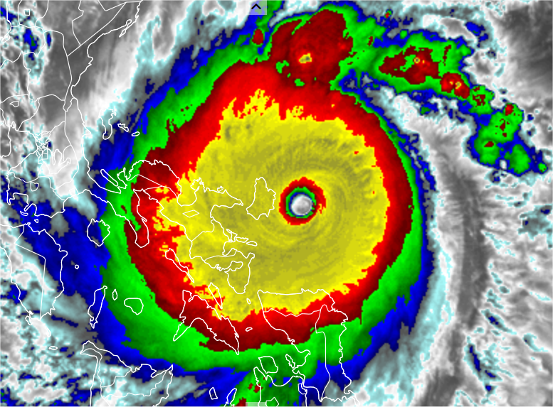 Le JTWC estime la pression au centre de #Goni proche de 885 hPa, avec vents soutenus à 170 noeuds (315 km/h) et rafales à près de 350 km/h.
Il s'agit de l'un des systèmes les plus puissants observés, à égalité avec Haiyan qui a causé la mort de plus de 7000 personnes en 2013.
