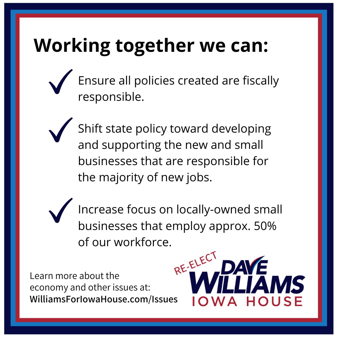 We'll need to work together to help our economy recover from the pandemic and to develop fiscally responsible policies that will create long term economic growth.
williamsforiowahouse.com/issues