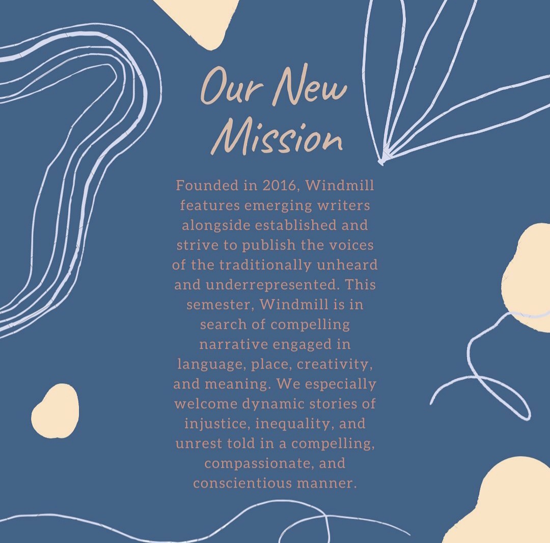 HofstraWindmill's tweet photo. This fall, Windmill’s editorial staff has redefined our goals for this journal. To submit your fiction, creative nonfiction, and artwork for our consideration or to read past issues, visit our website link in bio. https://t.co/0AtGzO0F13